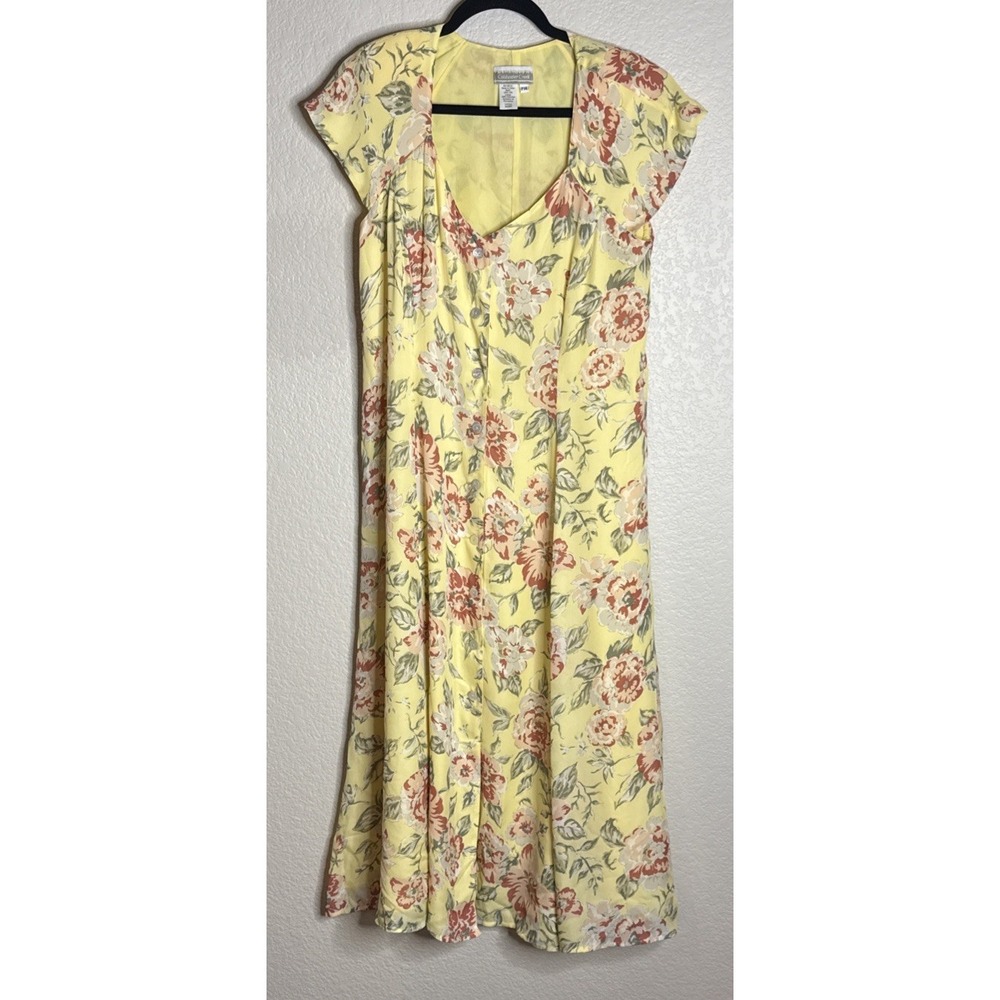 VTG Coldwater Creek 14 Petite Button Front‎ Maxi Silk Dress Yellow Floral Fairy